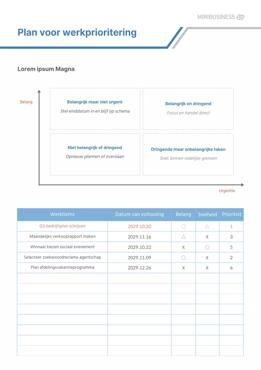 Grijs met blauwe werkprioriteitenplanner