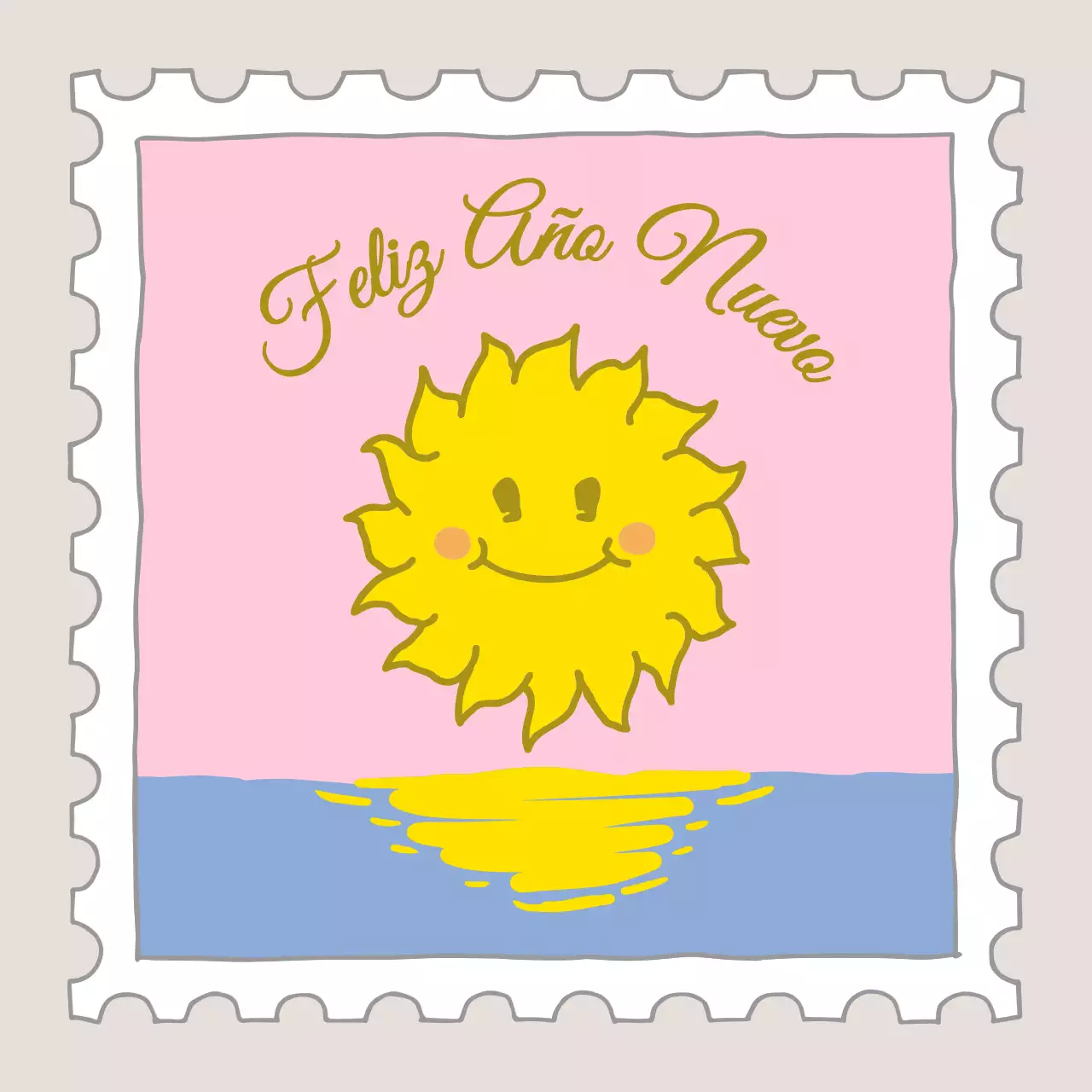 Sello de Año Nuevo con ilustración de un sol rosa y amarillo