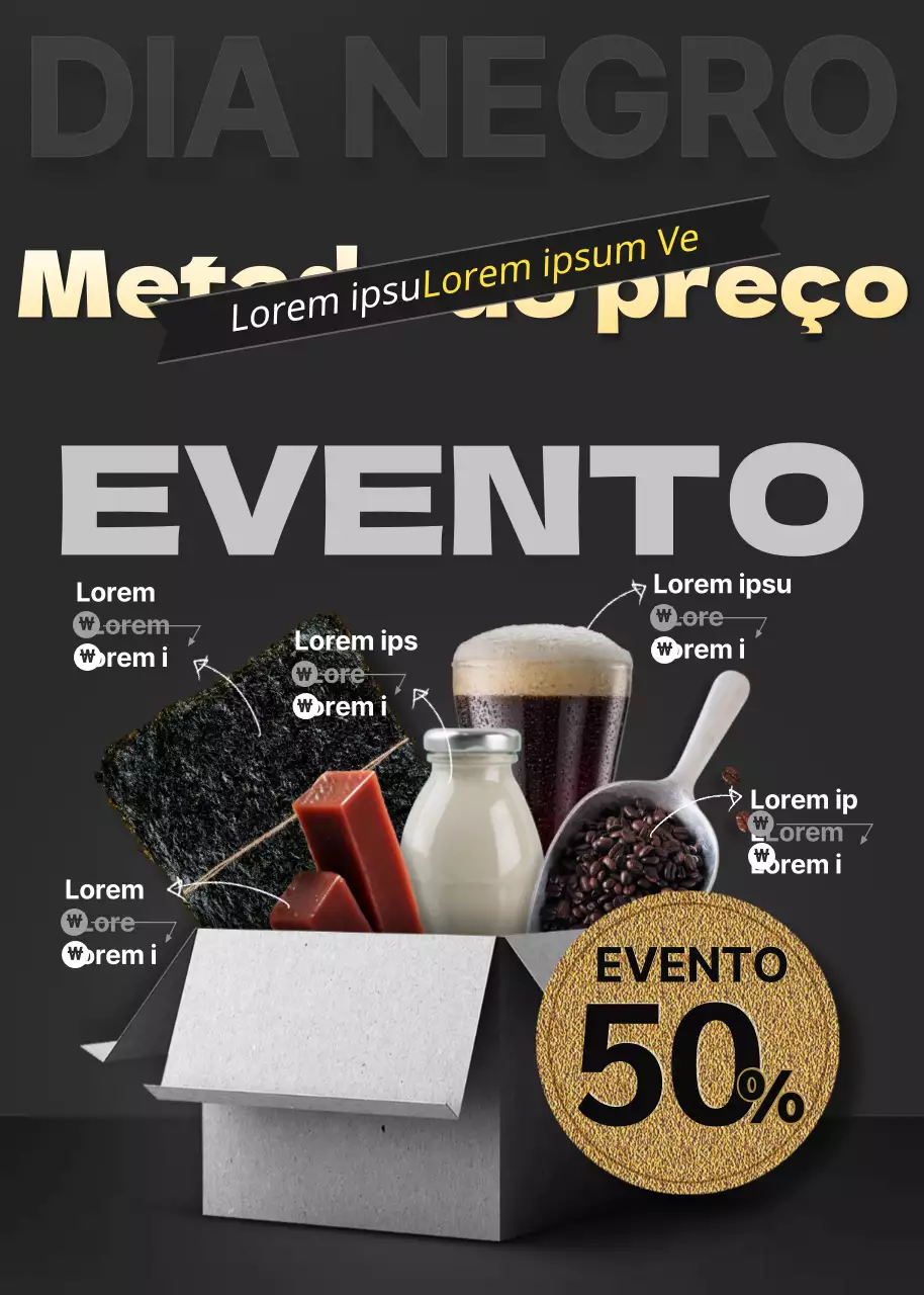 Evento de desconto alimentar com conceito de caixa de entrega ao domicílio a preto e cinzento