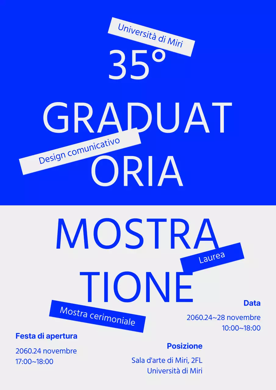 Annuncio della mostra di laurea con evidenziazione del testo in blu e grigio