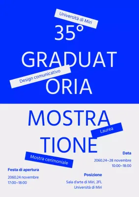 Annuncio della mostra di laurea con evidenziazione del testo in blu e grigio