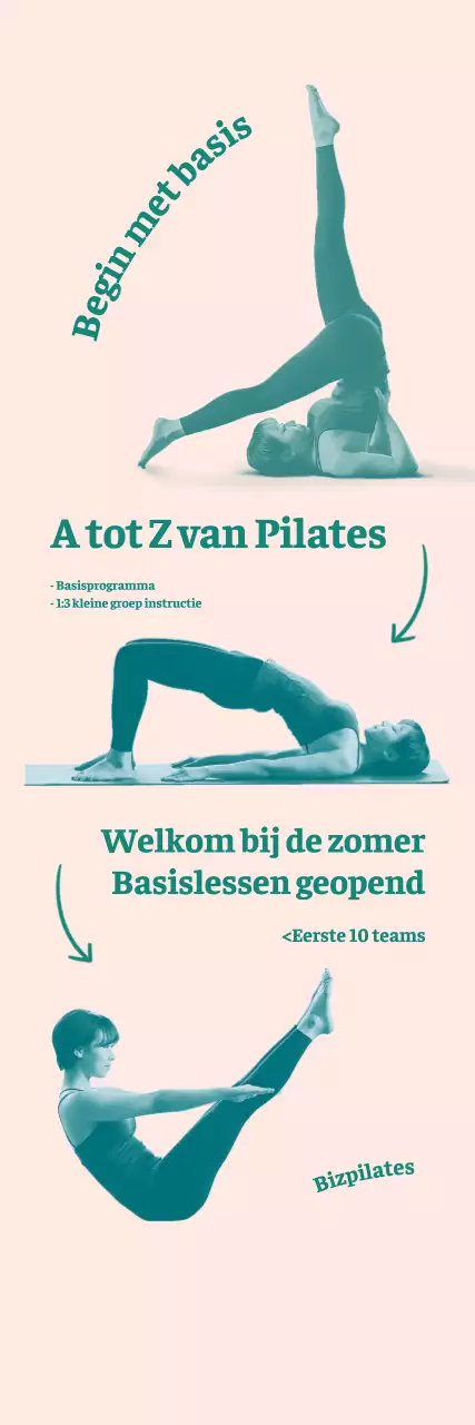 Promotie-evenement voor open Pilates Basics-lessen met een lichtroze achtergrond