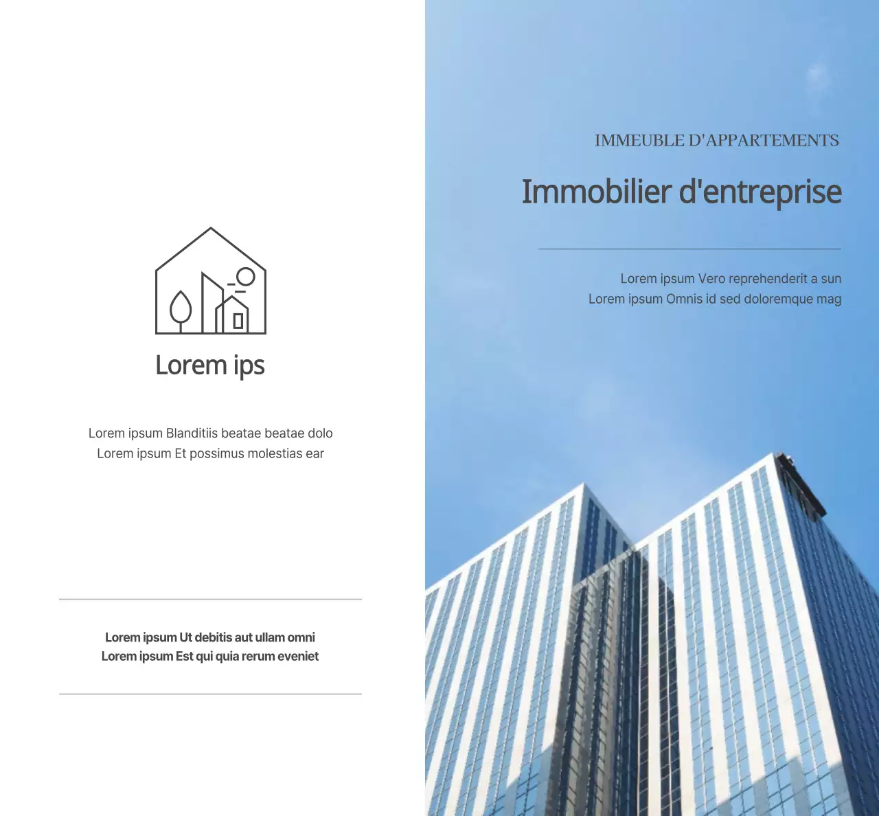 Un biz simple avec du texte et des images en gris foncé pour promouvoir l'immobilier.