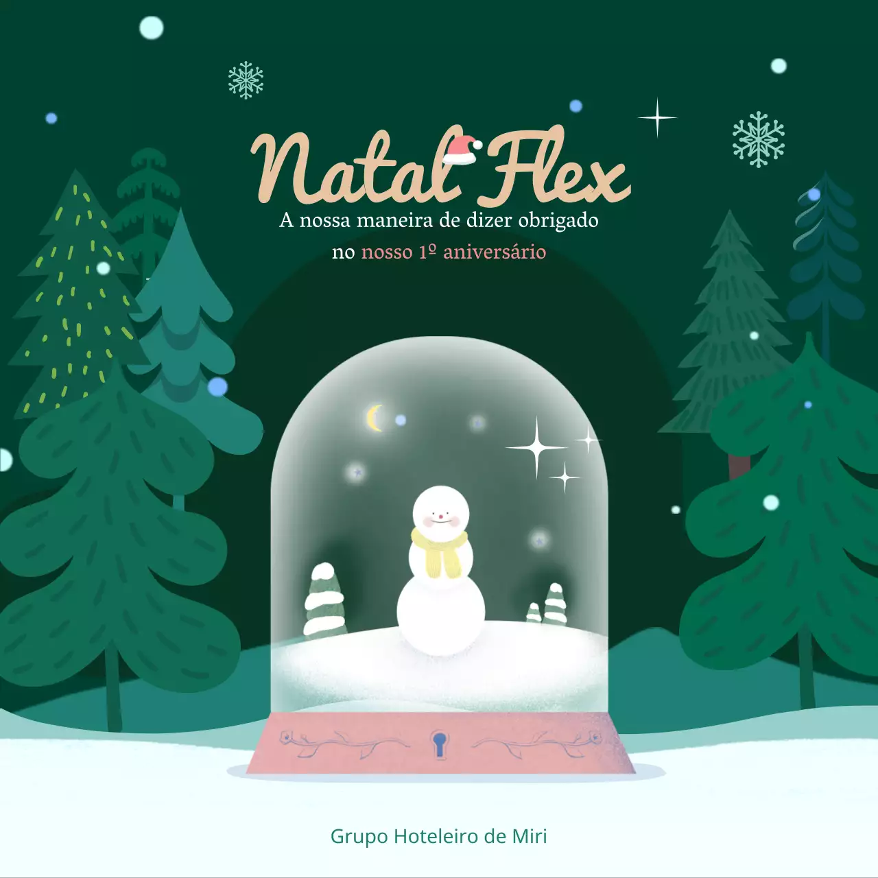 Ilustração de uma bola de neve gira com fundo verde para eventos de Natal