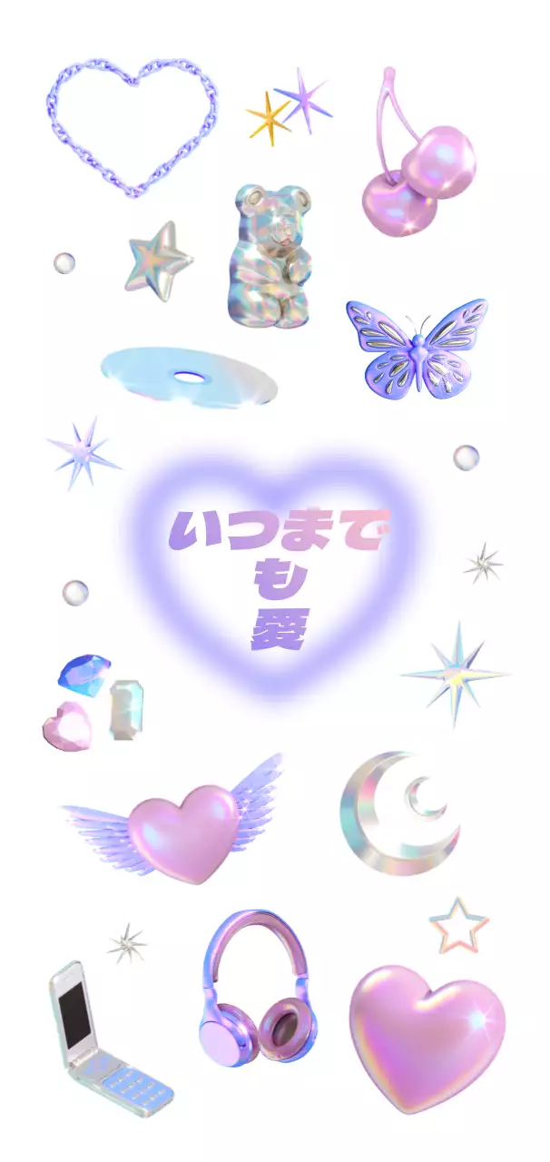 ピンクとパープルのきらびやかな3D Y2Kコンセプトの可愛らしい要素