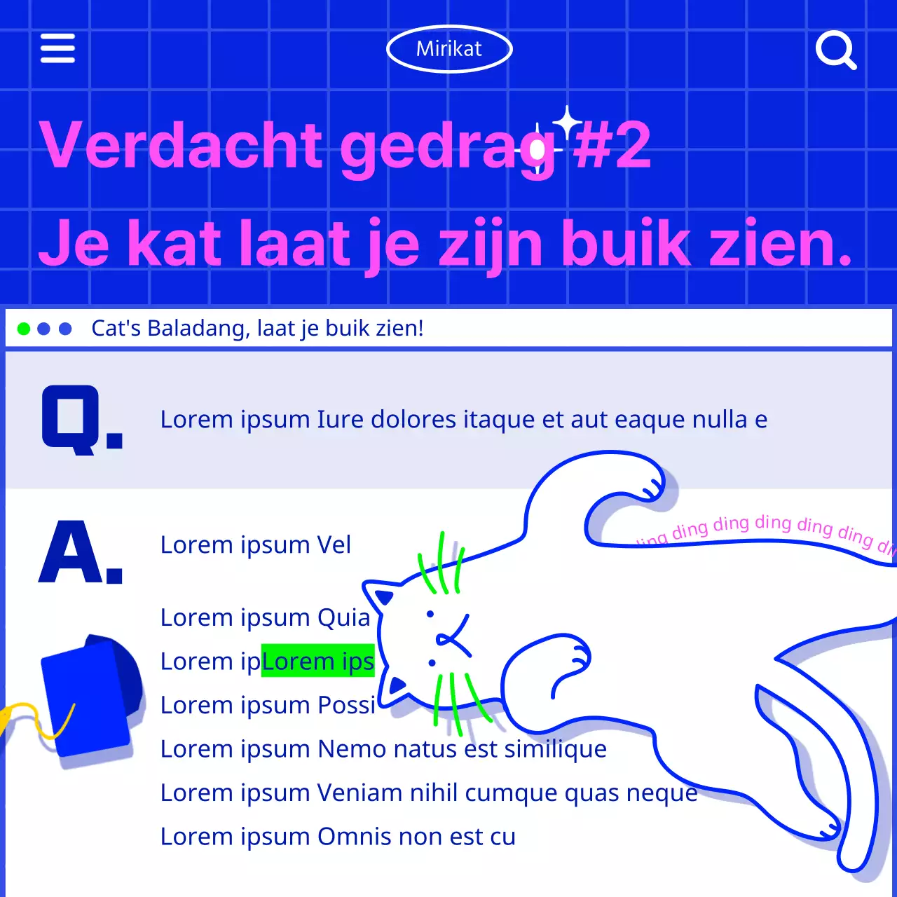 Communiceer katteninformatie met een retro internetgevoel met een witte kattenillustratie op een blauwe achtergrond