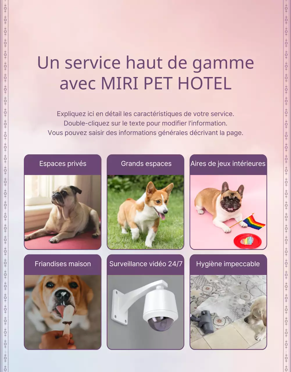 Faites la promotion de votre hôtel pour animaux en violet et en rose