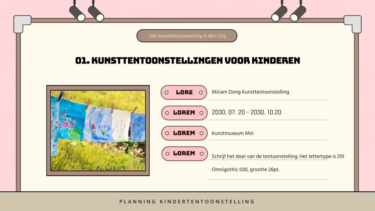 Minimalistisch voorstel voor kindertentoonstelling in roze en bruin