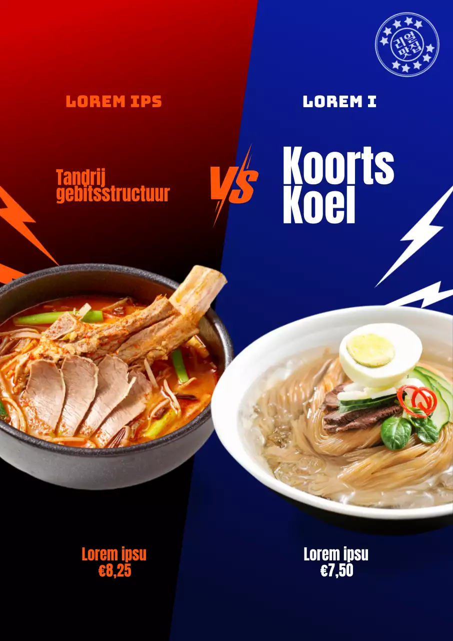 Menu-introductie met rode en blauwe achtergronden en een showdown-concept