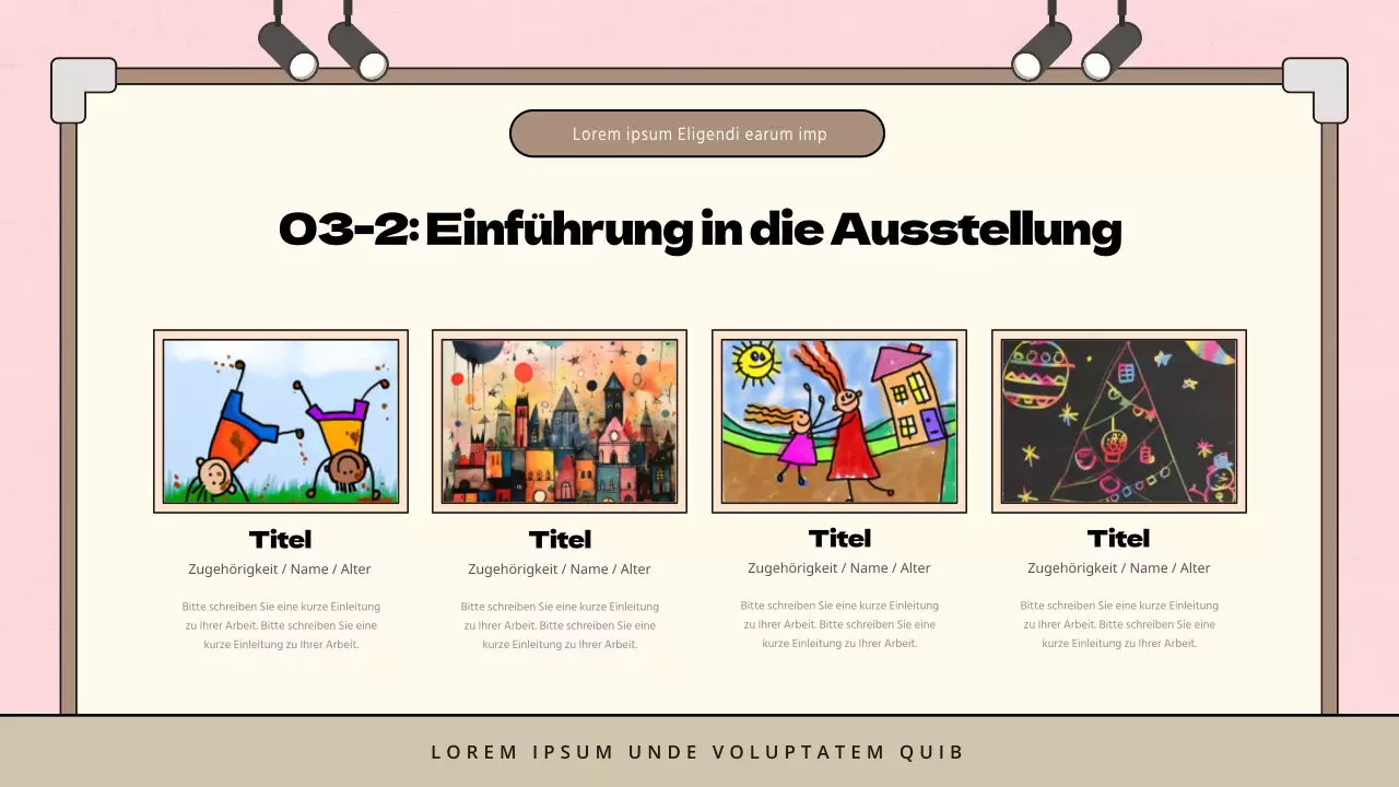 Minimalistischer Vorschlag für eine Kinderkunstausstellung in Rosa und Braun