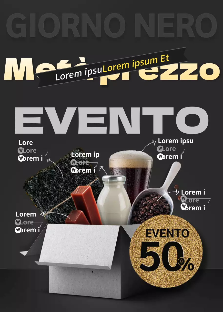 Evento di sconto alimentare con concetto di scatola di consegna a domicilio nera e grigia