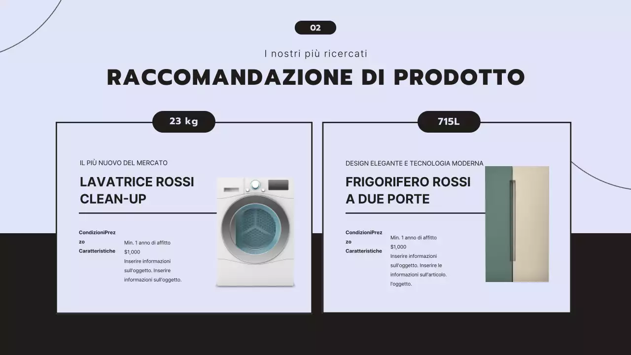 Proposta di servizio di noleggio elettrodomestici pulita e moderna con sfondo color malva