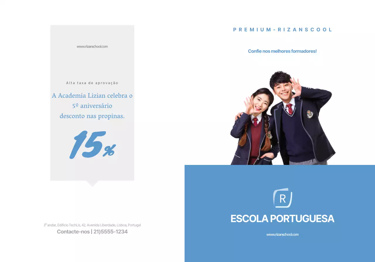 Texto e imagens simples em azul claro para promover a academia Lizian School.