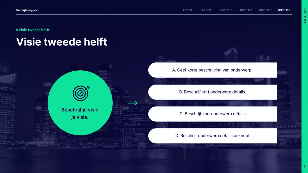 Eenvoudig prestatierapport voor de eerste helft met marineblauwe en groene cirkels