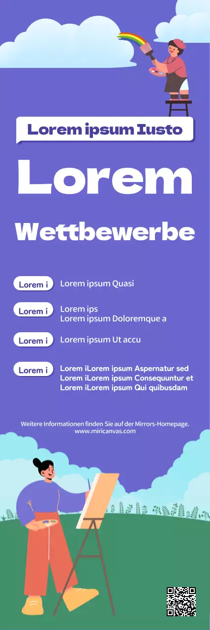 Illustrationswettbewerb mit einer Malerfigur, die in einem kühlen lila-grünen Feld malt