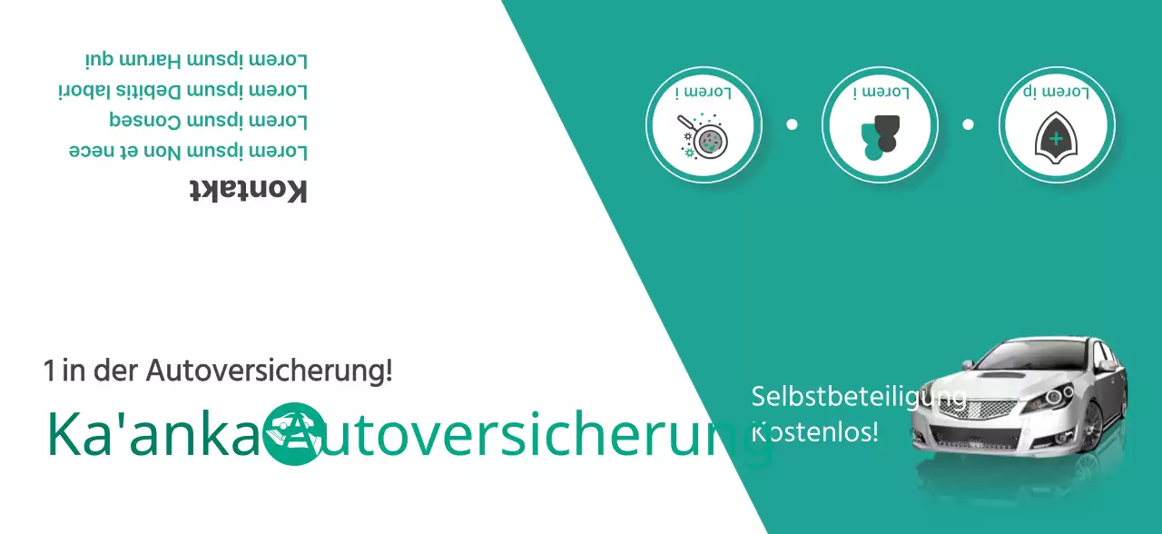 Werbung für Autoversicherungen mit türkisfarbenen und weißen Autofotos und Piktogrammen