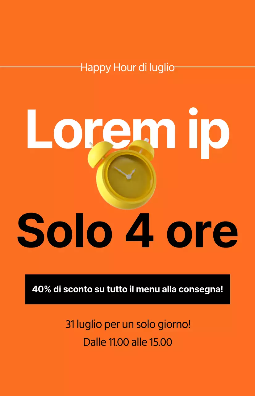 Una promozione incisiva per la vendita del tempo con l'immagine di una sveglia su sfondo arancione