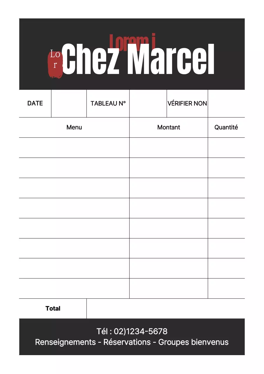 Affiche en noir et simple pour le formulaire de commande d'un restaurant