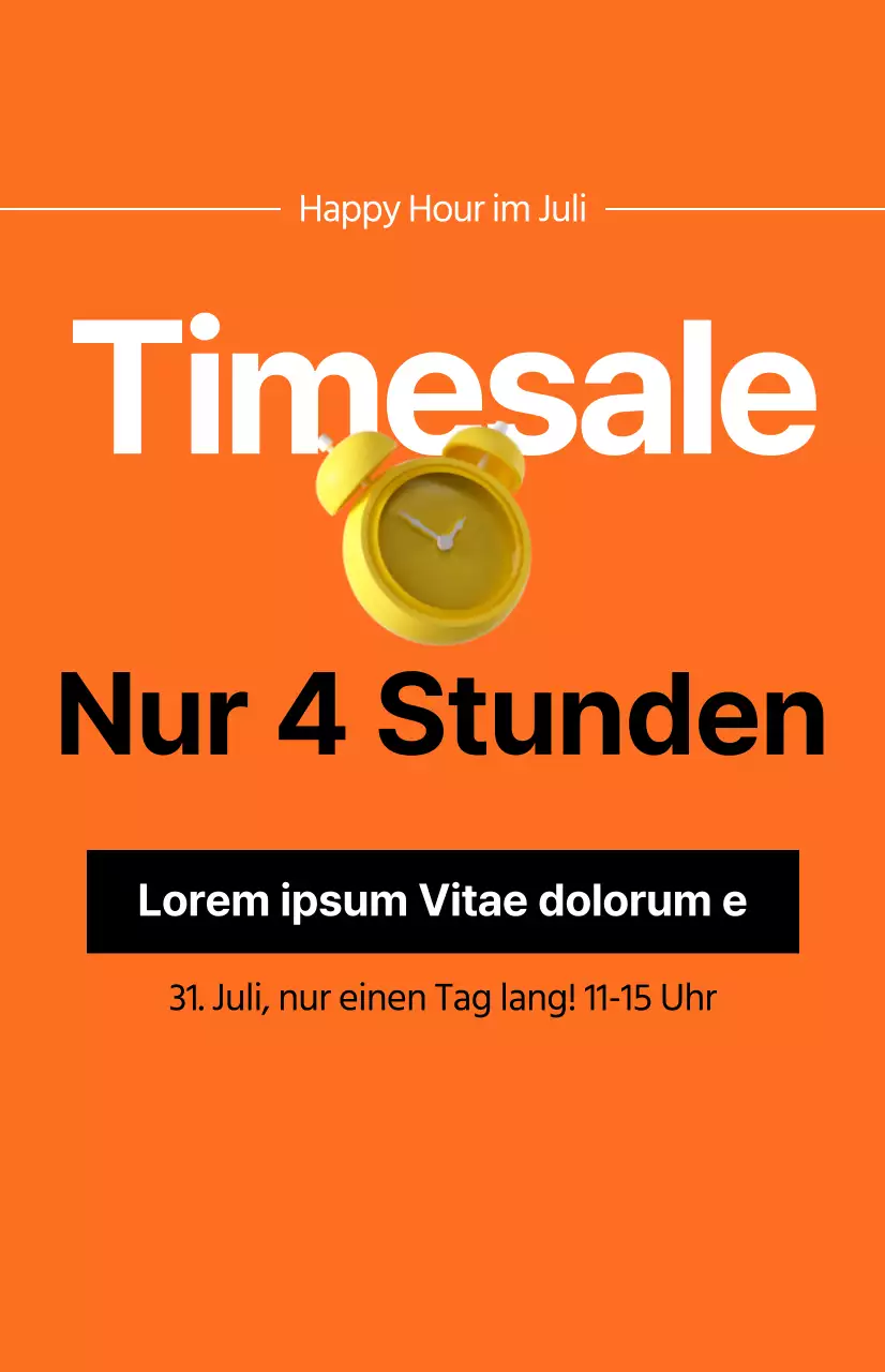 Eine aussagekräftige Zeitverkaufswerbung mit dem Bild eines Weckers auf orangefarbenem Hintergrund