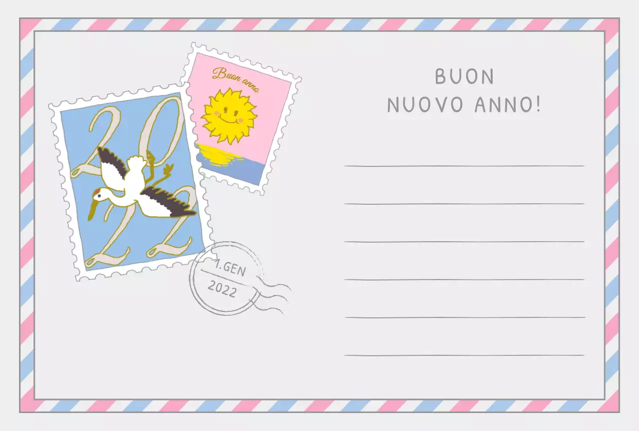 Francobollo di Capodanno con una simpatica illustrazione del sole rosa e giallo