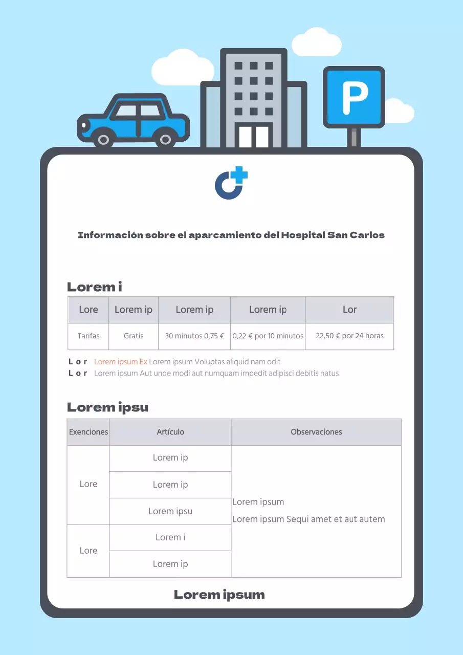 Modelo de documento de instrucciones de aparcamiento de hospital con una bonita ilustración en azul claro