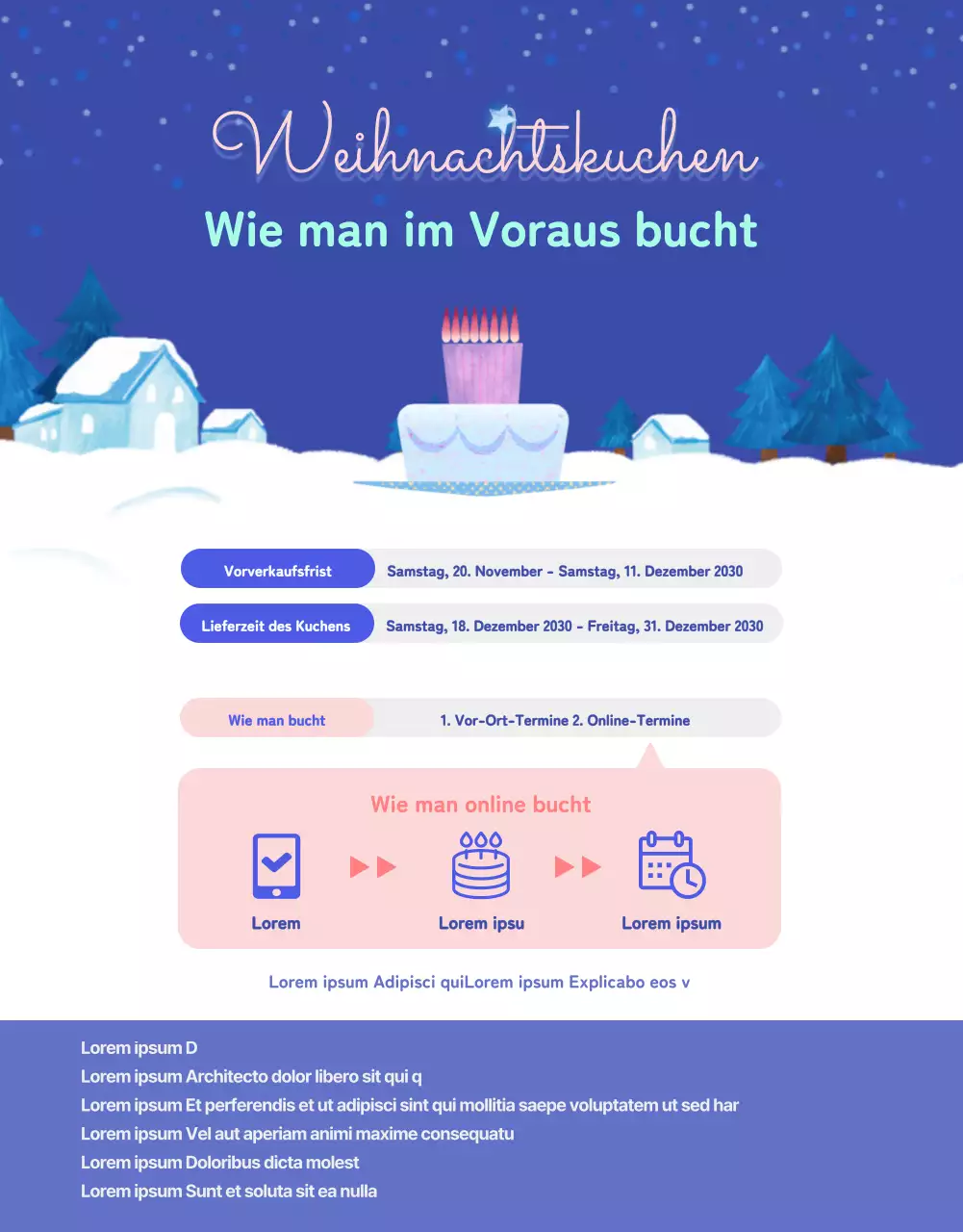 Tortenvorbestellung mit einem hübschen Kartenmotiv in leuchtendem Ultramarinblau