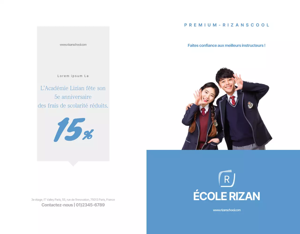 Texte et images simples en bleu clair pour promouvoir l'académie Lizian School.