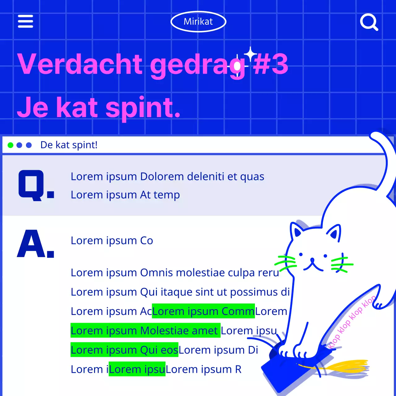 Communiceer katteninformatie met een retro internetgevoel met een witte kattenillustratie op een blauwe achtergrond
