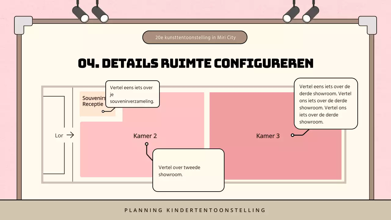 Minimalistisch voorstel voor kindertentoonstelling in roze en bruin