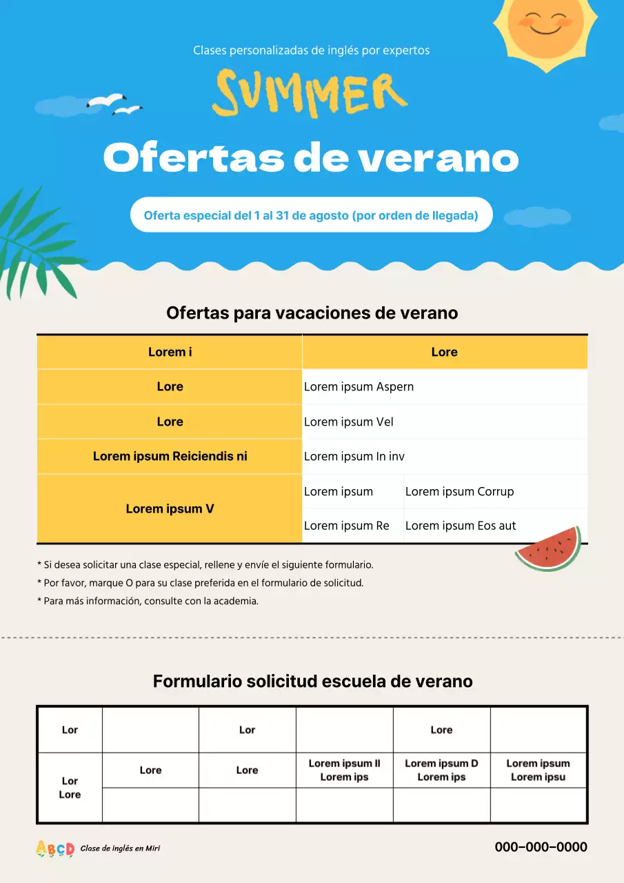 Fondo de verano en azul y amarillo Anuncio de las ofertas de vacaciones de verano