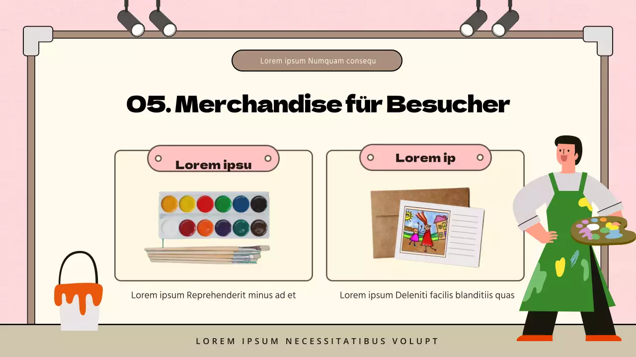 Minimalistischer Vorschlag für eine Kinderkunstausstellung in Rosa und Braun