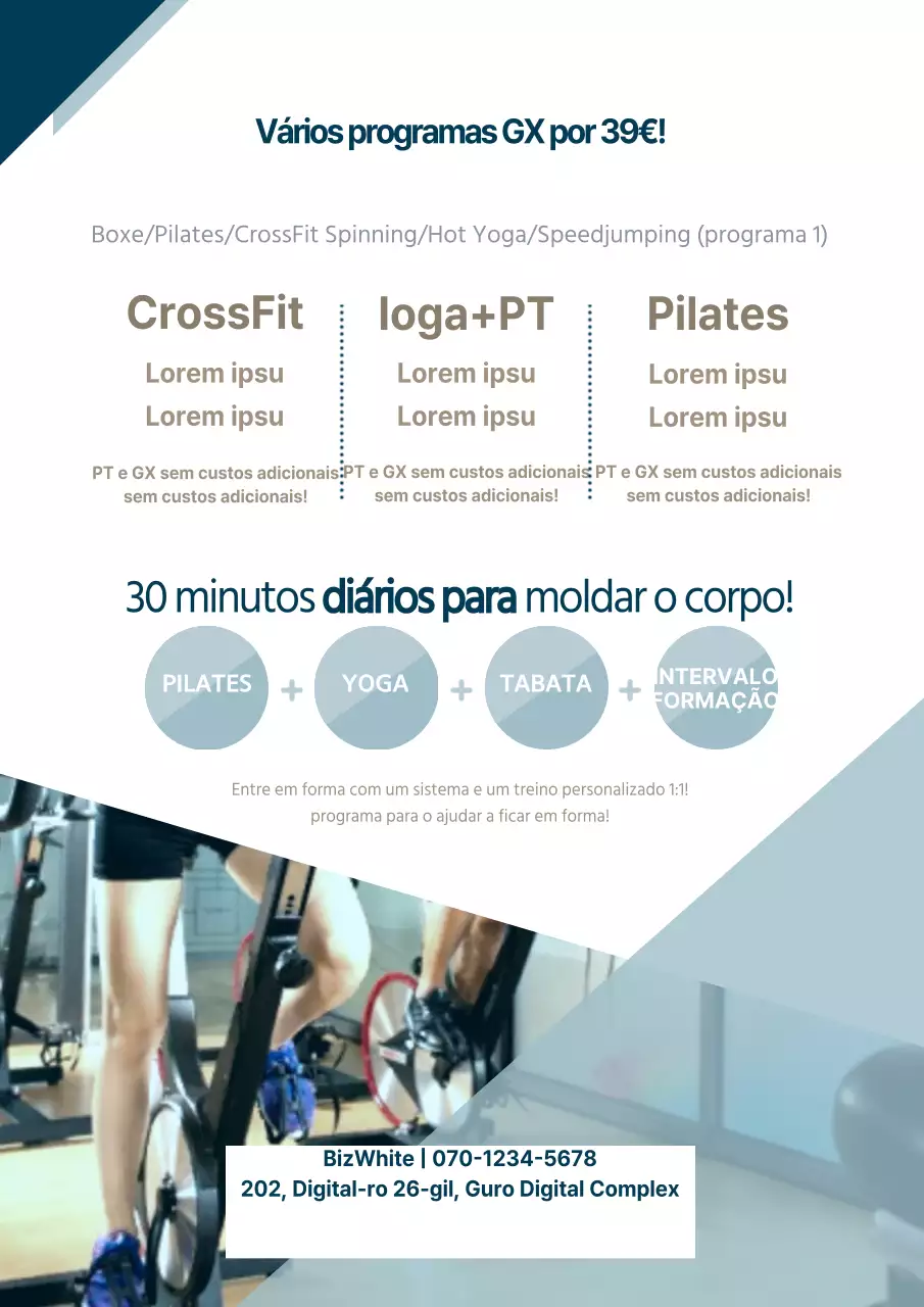 Um folheto simples de um programa de fitness em azul marinho e azul claro.