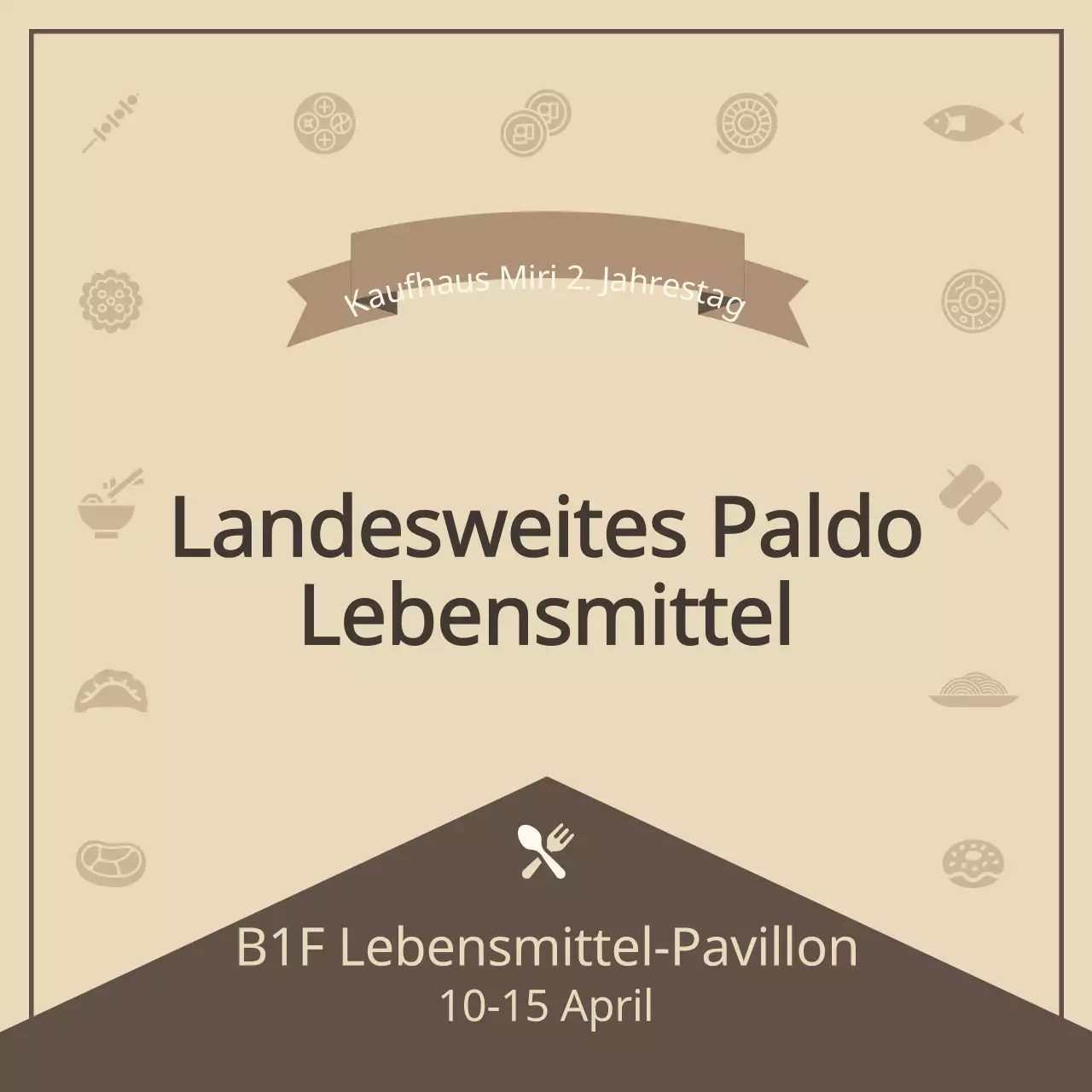 Ein beruhigendes Konzept mit einer Vielzahl von Lebensmittelpiktogrammen in Beige und Braun, die Sie durch die Lebensmittelausstellung führen.