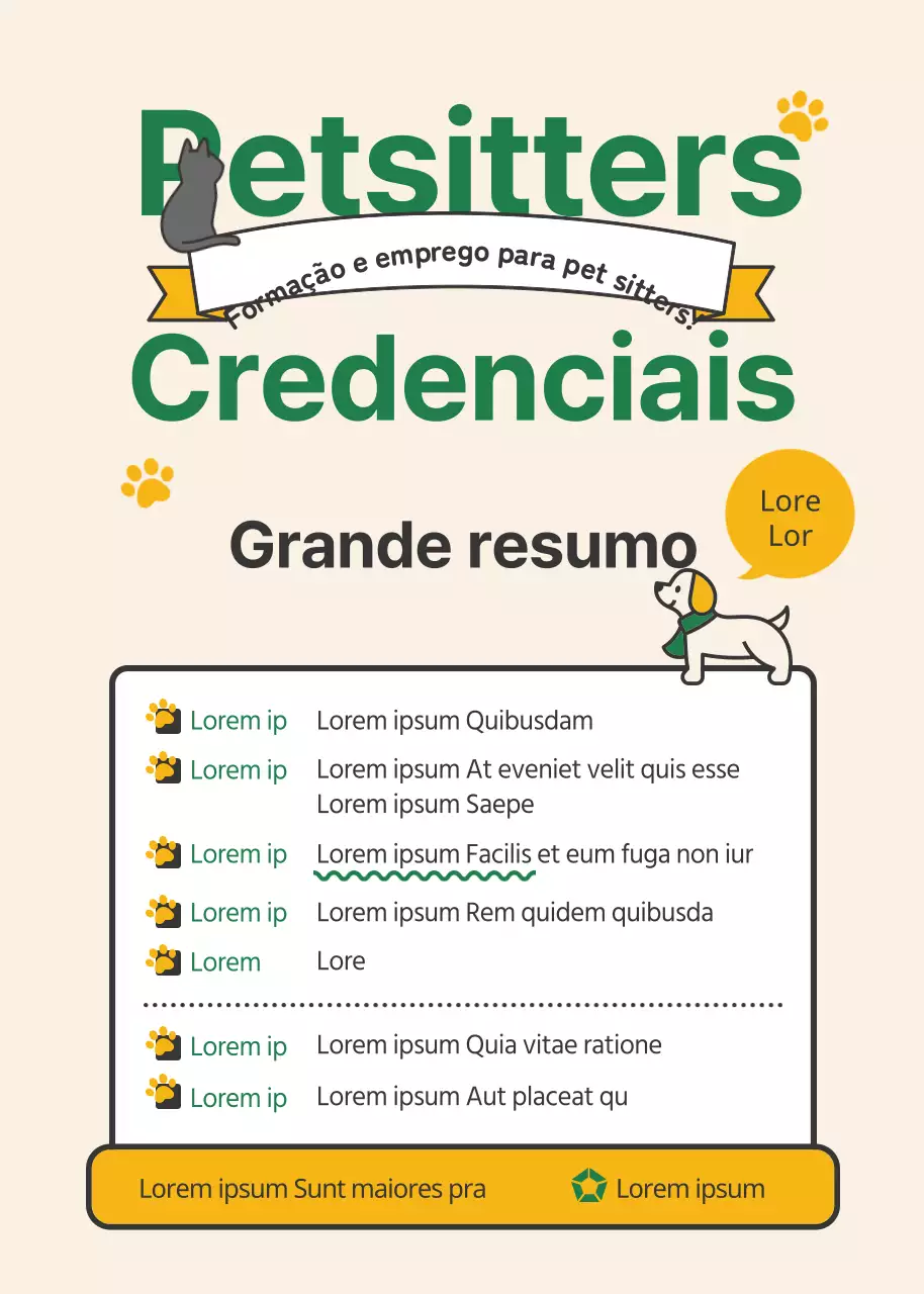Recrutamento para certificação de pet sitter com um tema verde e amarelo
