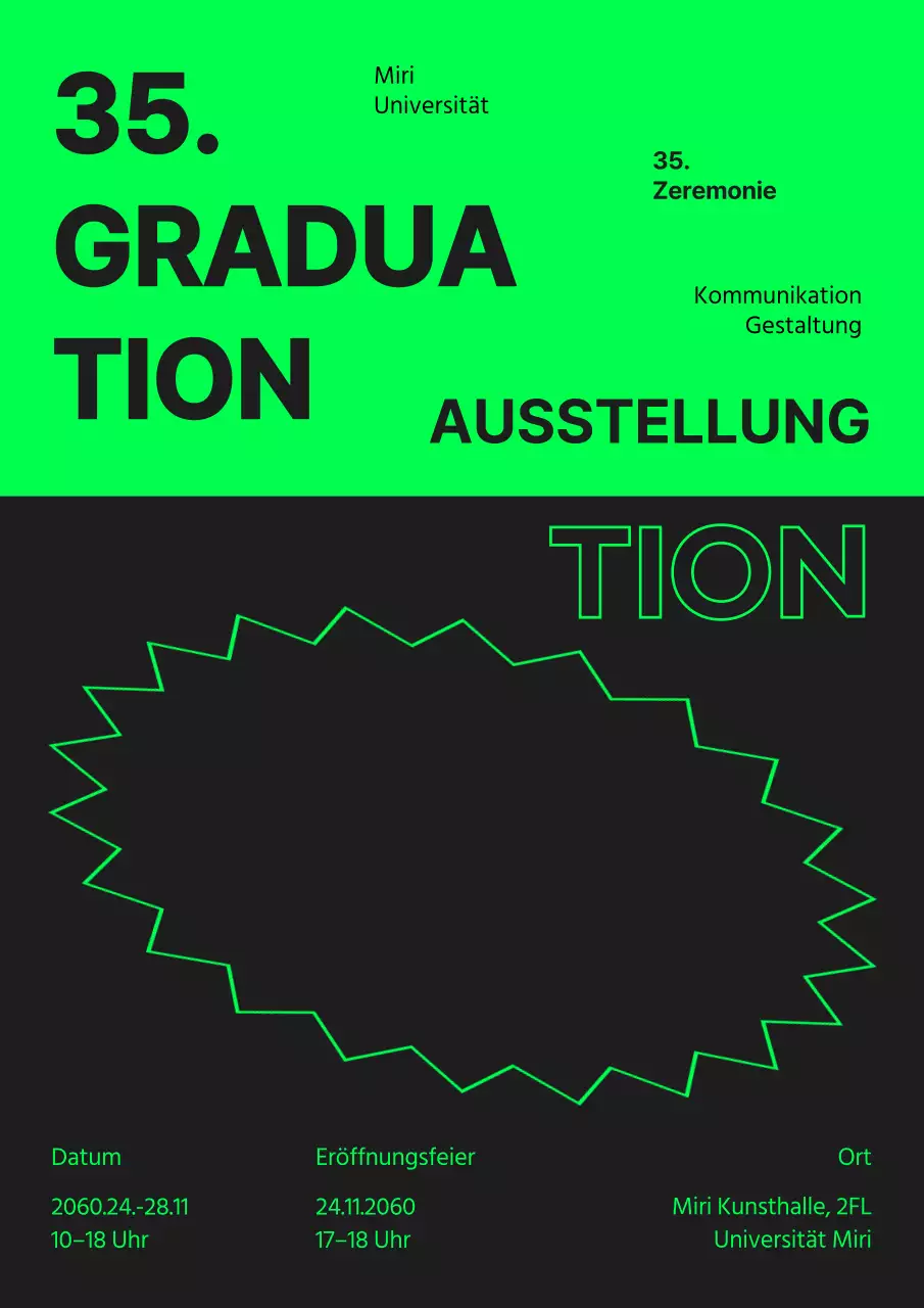 Ein Leitfaden für Graduierungsausstellungen mit schwarzen und neonfarbenen Textakzenten