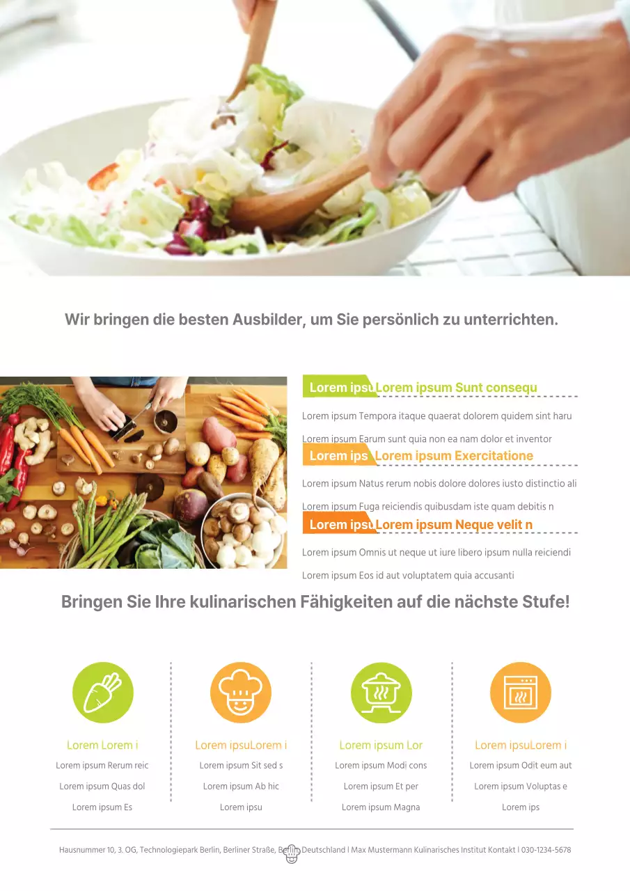 Werbung für eine Schule zur Zertifizierung von Köchen mit orangefarbenen und grünen Fotos von Lebensmitteln