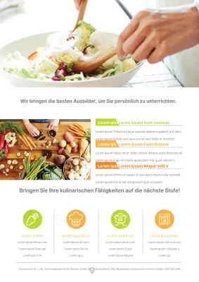 Werbung für eine Schule zur Zertifizierung von Köchen mit orangefarbenen und grünen Fotos von Lebensmitteln