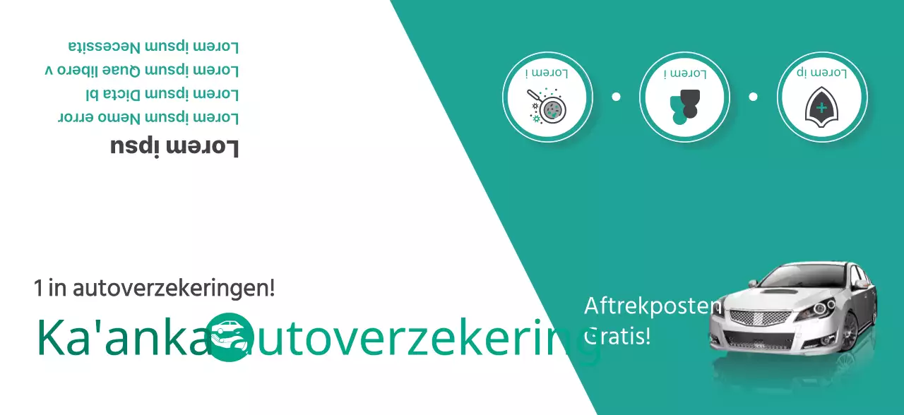 Promoot autoverzekeringen met turquoise en witte autofoto's en pictogrammen