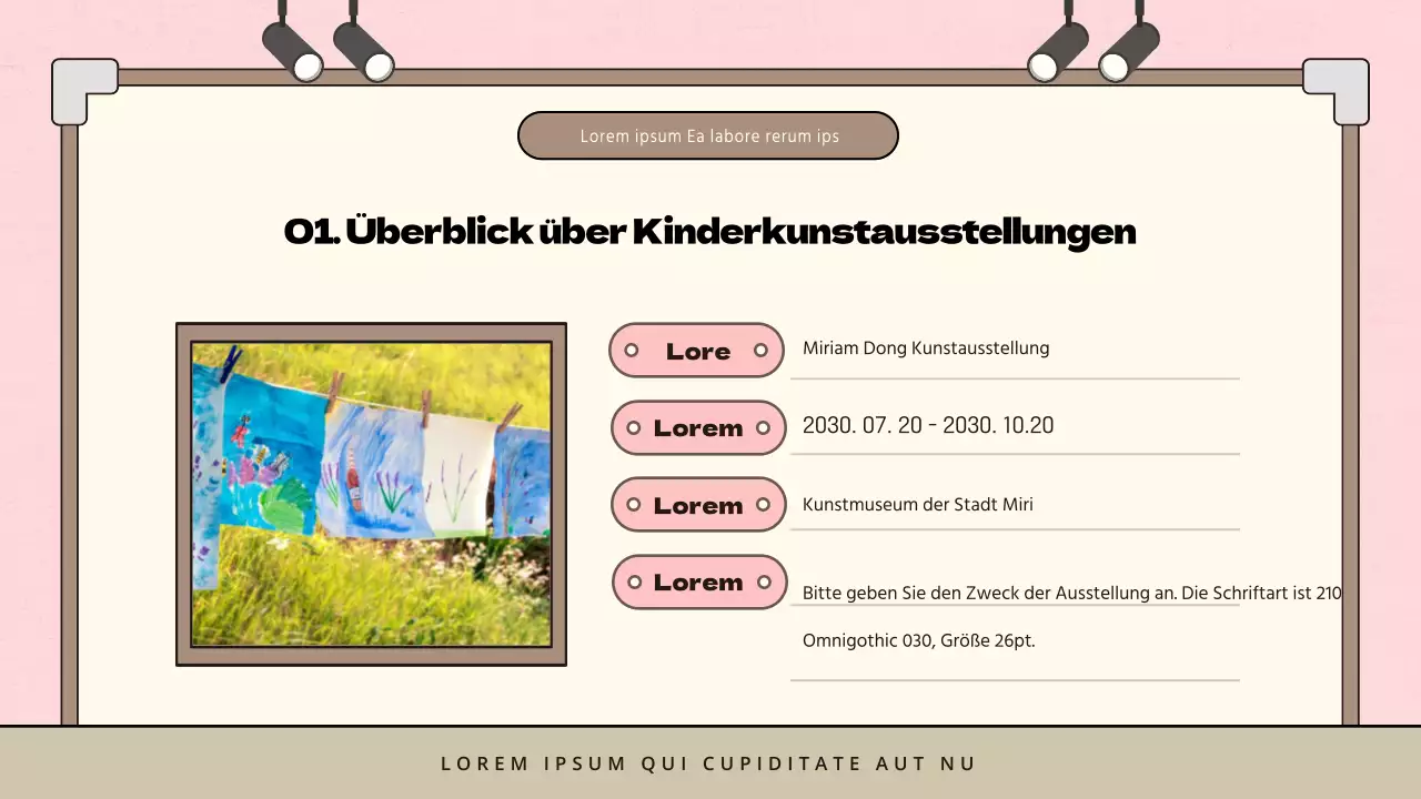 Minimalistischer Vorschlag für eine Kinderkunstausstellung in Rosa und Braun