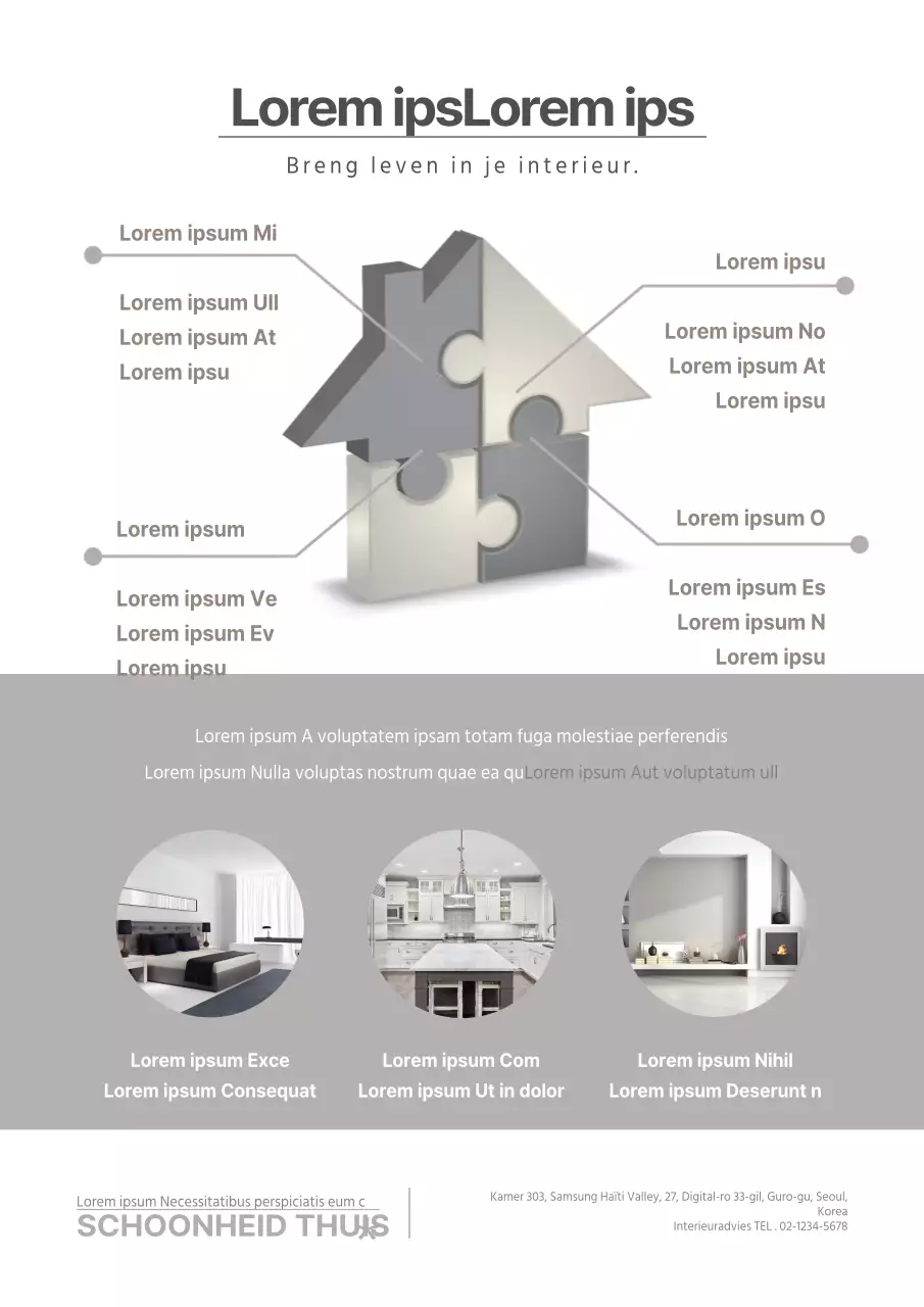 Promoot je interieurbedrijf met een grijze huisillustratie en interieurfoto's