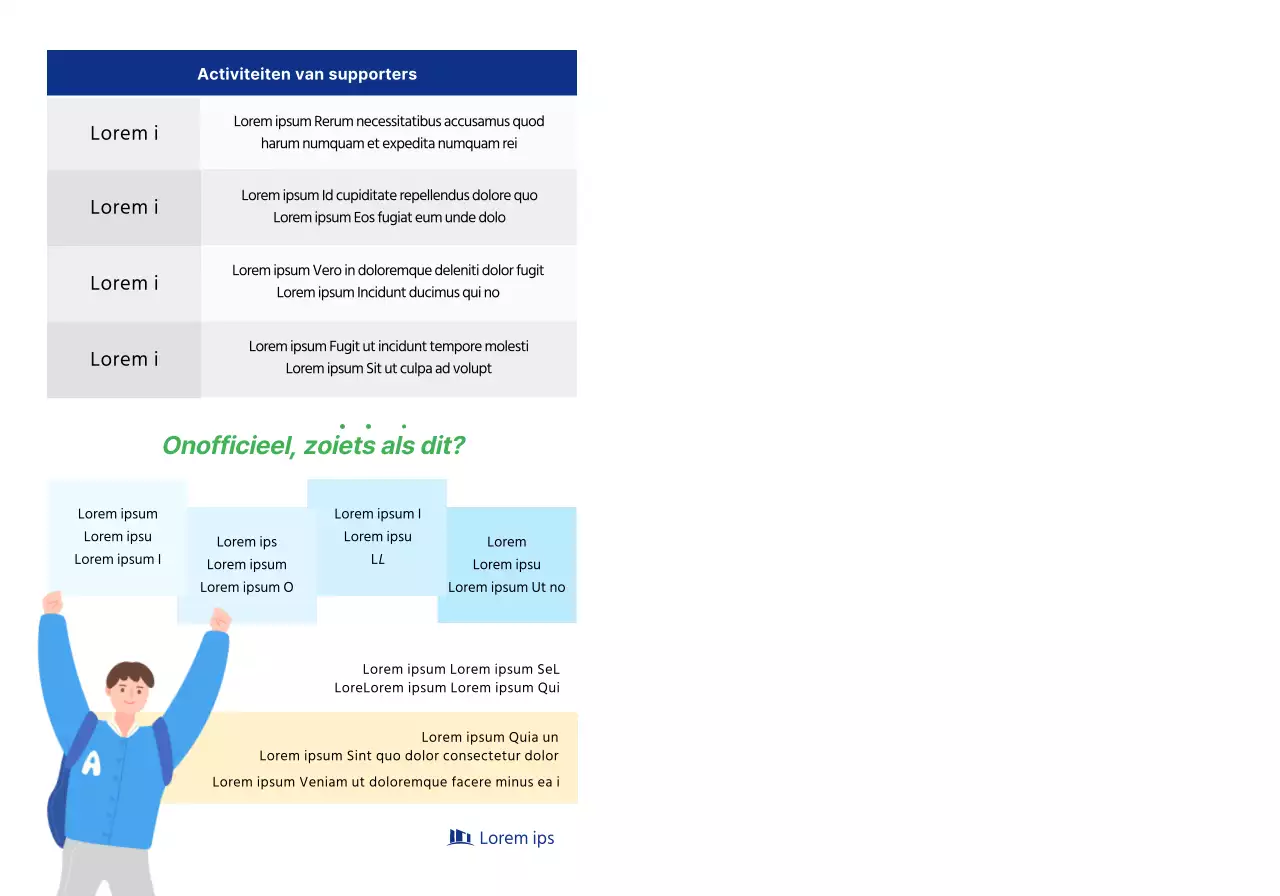 Een eenvoudige promotie voor universiteitssupporters met marineblauwe tekst en illustraties.