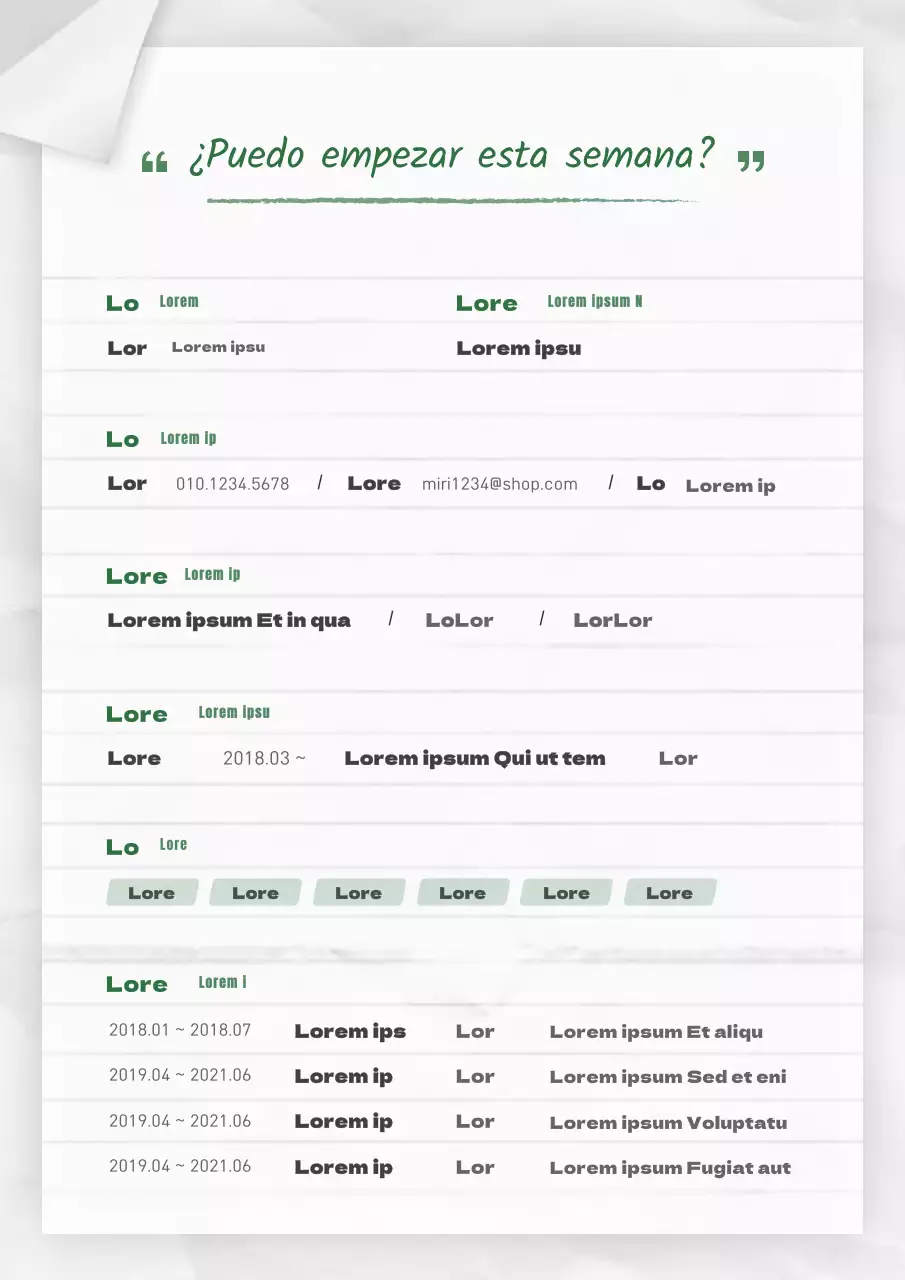Un ordenado cuaderno rayado blanco y verde concepto solicitud de empleo a tiempo parcial