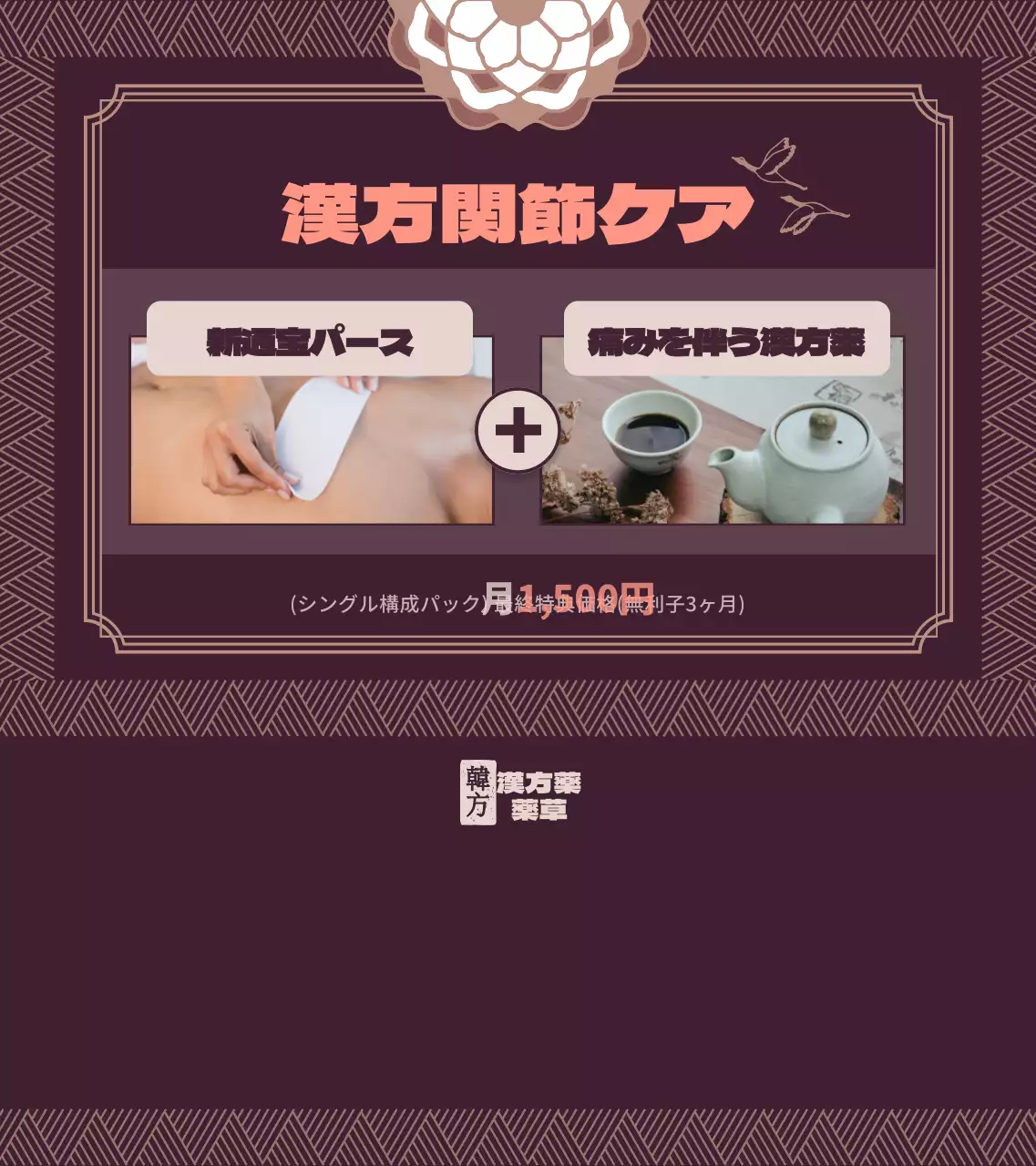 濃い紫と白の伝統的なフレームコンセプトの漢方商品案内