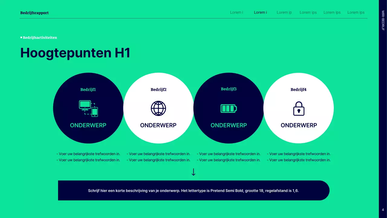 Eenvoudig prestatierapport voor de eerste helft met marineblauwe en groene cirkels