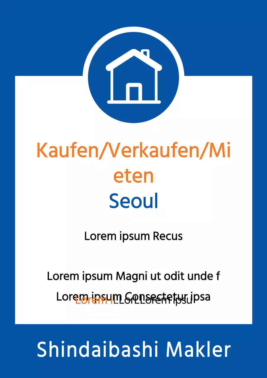 Einfacher Flyer zum Verkauf einer Immobilie mit blauem Hintergrund