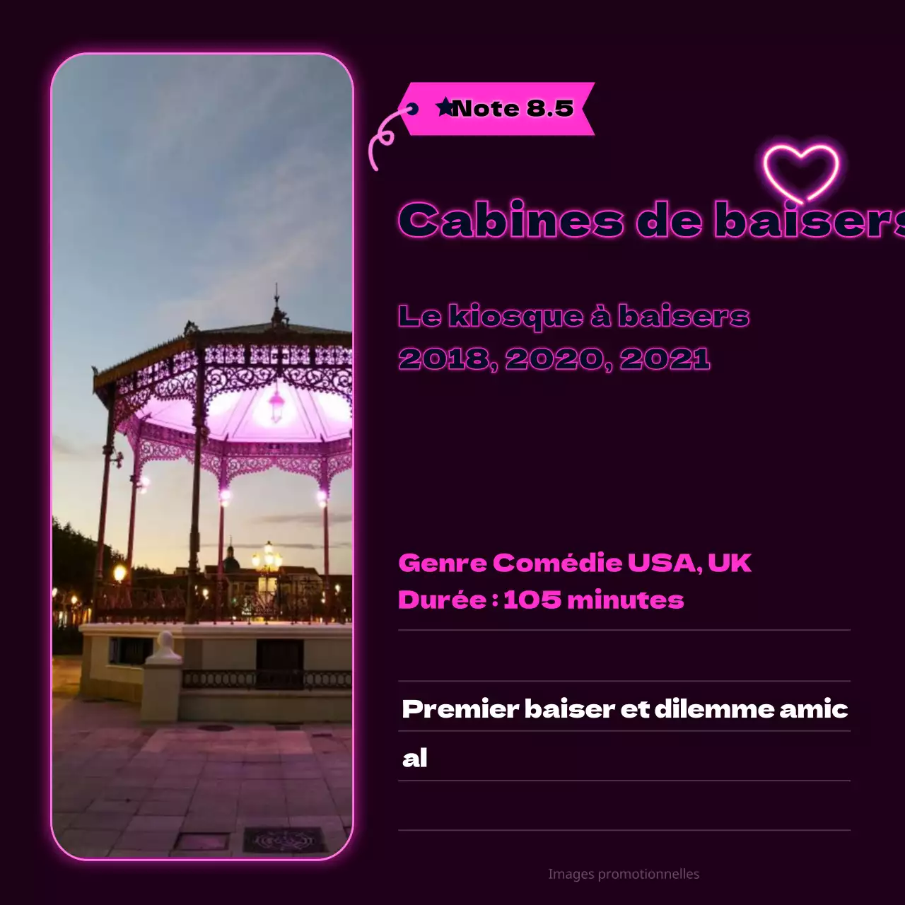 Recommandations de films pour les sorties nocturnes avec un fond bleu marine et des enseignes au néon