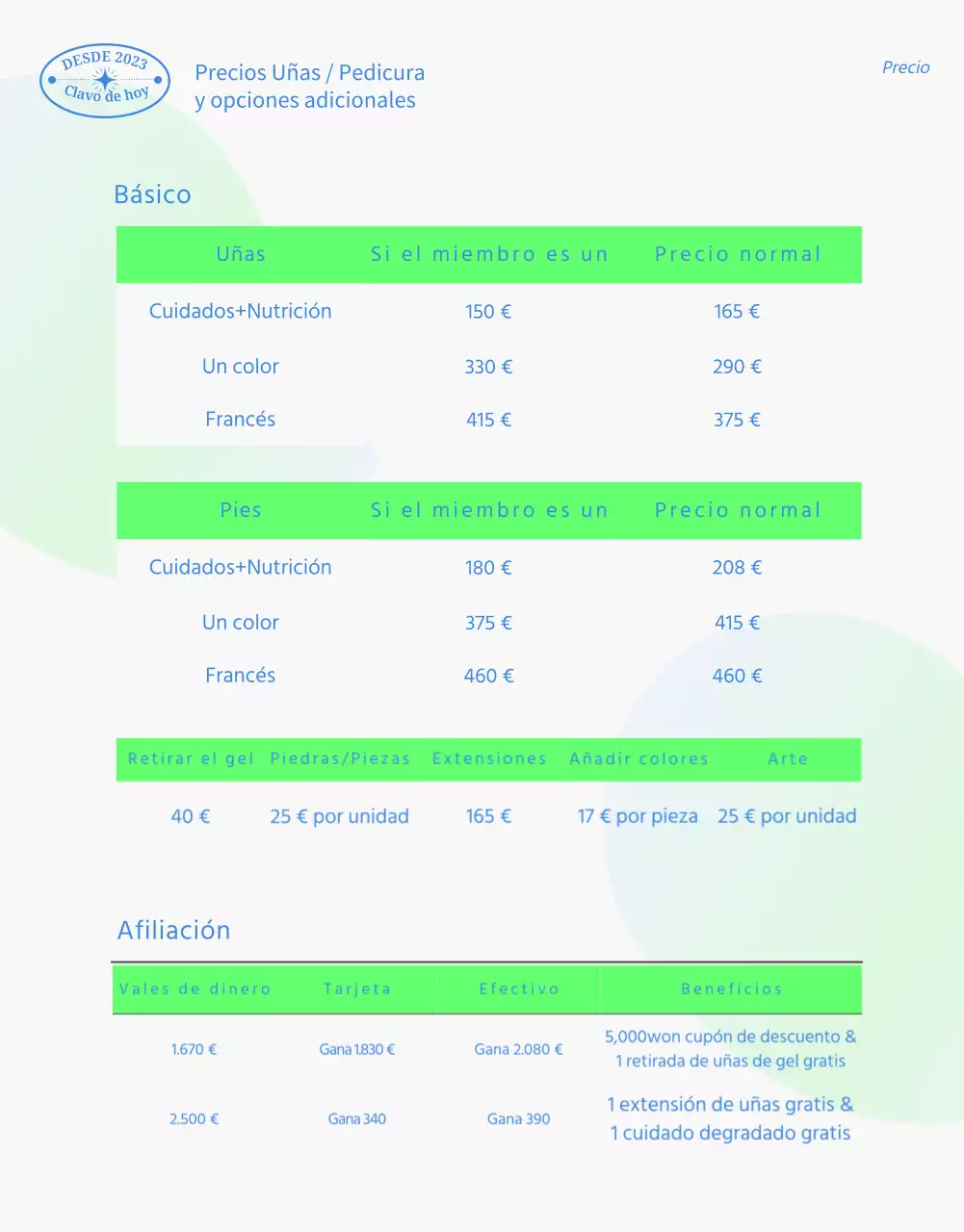 Tema promocional para un salón de manicura con uñas de fotos nítidas en chartreuse y azul