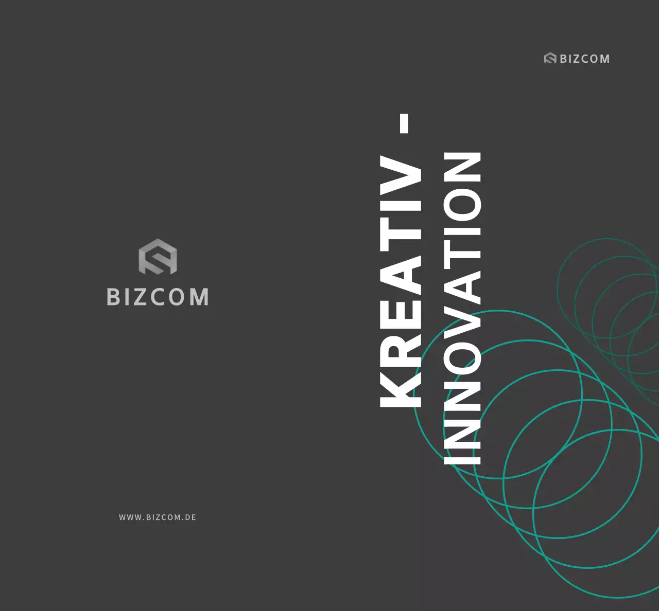 Einfache bizcom-Unternehmenswerbung mit schwarzem und grauem Text und Illustrationen