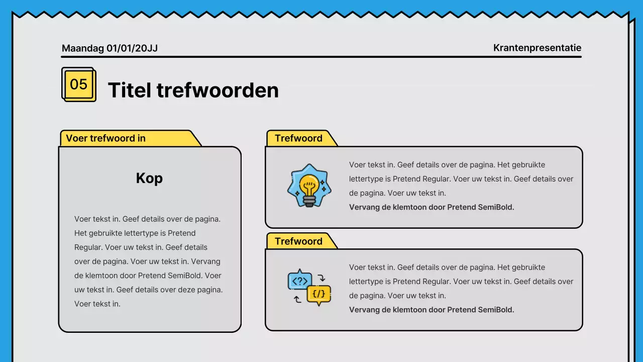 Gedurfde lijnen en aandachttrekkende presentatie in een krantenconcept met gele en lichtblauwe accentkleuren