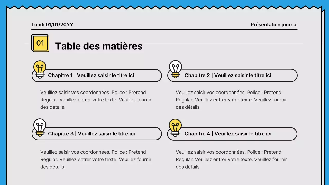 Lignes audacieuses et présentation attirant l'attention dans un concept de journal avec des couleurs d'accent jaune et bleu clair